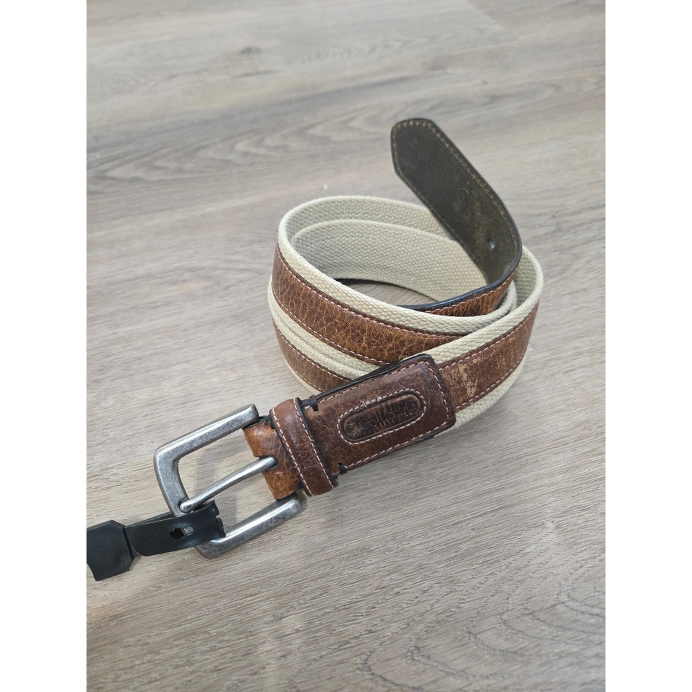 Columbia Mens Canvas Webbing Brown Leather Inlay Belt Silver Buckle Size 34